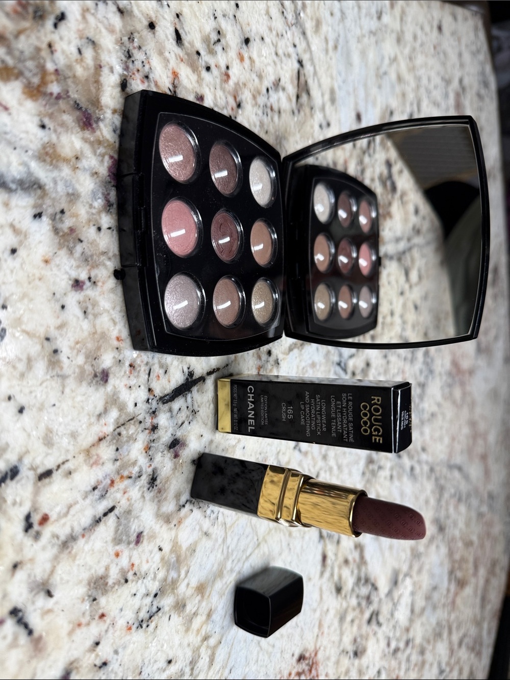Chanel Rouge Coco Rich Wine Red Lipstick with Neutral Pink Eyeshadow Palette